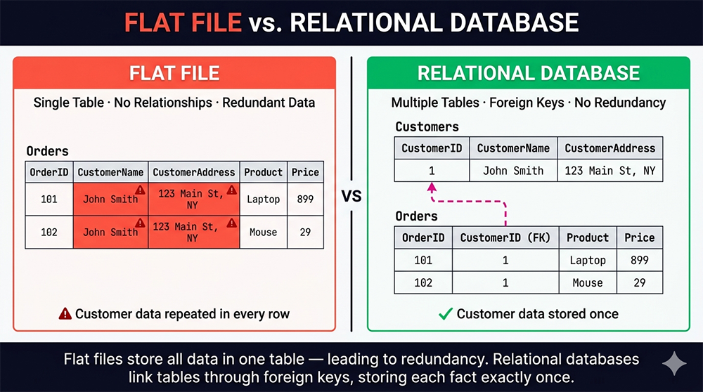 Flat file vs relational database diagram showing redundant Orders flat file on the left and normalized Customers and Orders tables on the right linked by foreign key