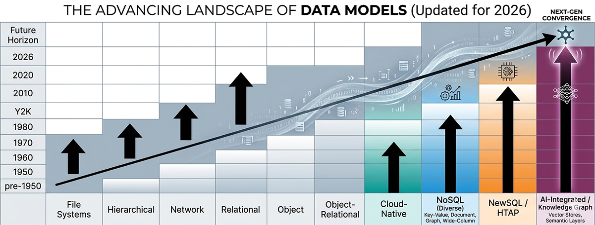The Advancing Landscape of Data Models Updated for 2026 — timeline from file systems to AI-integrated knowledge graphs