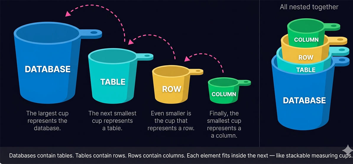 Database hierarchy shown as stackable measuring cups — Database contains Table, Table contains Row, Row contains Column