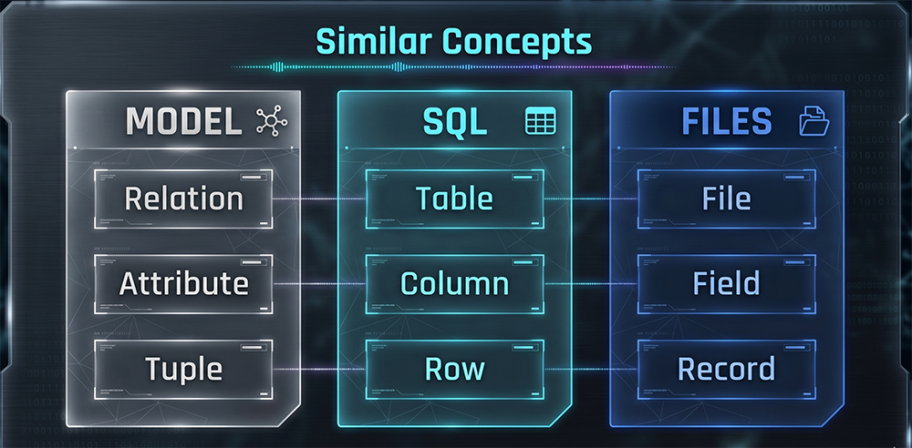 Three-column diagram mapping Codd model terms (Relation, Attribute, Tuple) to SQL terms (Table, Column, Row) and file processing terms (File, Field, Record)