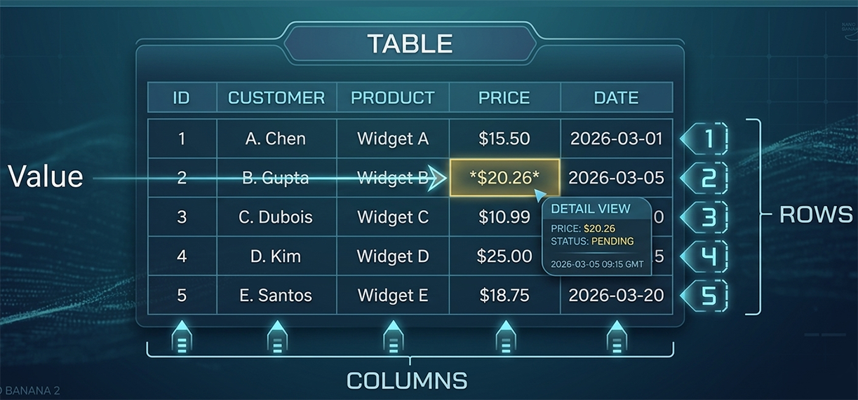 Database table diagram showing rows numbered 1-5, five columns (ID, CUSTOMER, PRODUCT, PRICE, DATE), and a highlighted value cell demonstrating the row-column intersection