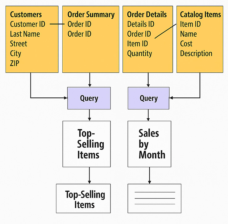 The above diagram shows how these reports are generated from the tables and queries.