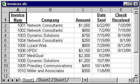 Columns consisting of 1) Invoice number, 2)Company, 3)Amount, 4)Date Sent, 5) Check received