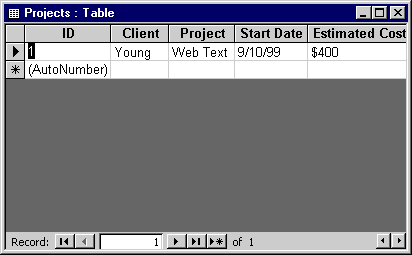 Projects table shown in Datasheet View in Microsoft Access