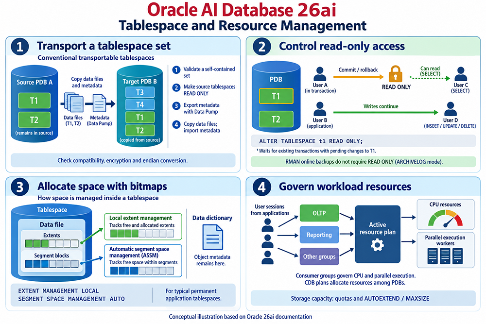 Four Oracle 26ai administration concepts: tablespace transport, read-only access, bitmap space allocation, and workload resource plans.