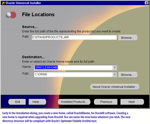 Early in the installation dialog, you create a new home called Oracle8Home, for Oracle8i software. 