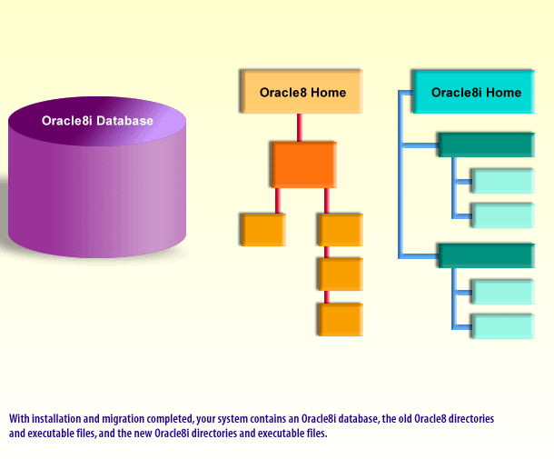 With installation and migration completed, your system contains an Oracle 8i database, the old Oracle 8 directories 
and executable files, and the new Oracle 8i directories and executable files.