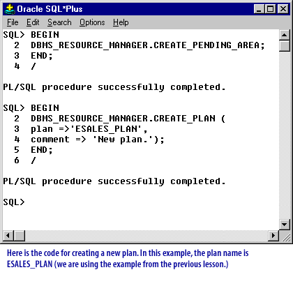 Oracle SQL*Plus, displaying a successful execution of a PL/SQL procedure. 	 