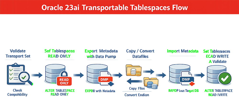 Oracle 23ai transportable tablespaces flow: validate transport set, set tablespaces read only, export metadata with Data Pump, copy/convert datafiles, import metadata, set tablespaces read write and validate.
