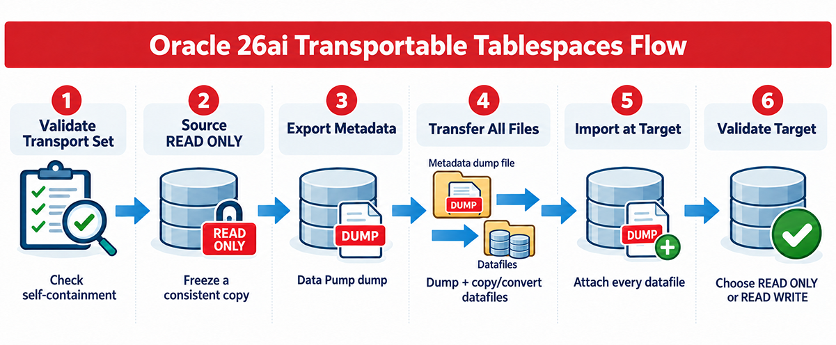 Oracle 26ai transportable tablespaces workflow: validate the set, make source tablespaces read only, export metadata, transfer files, import into the target, and validate.