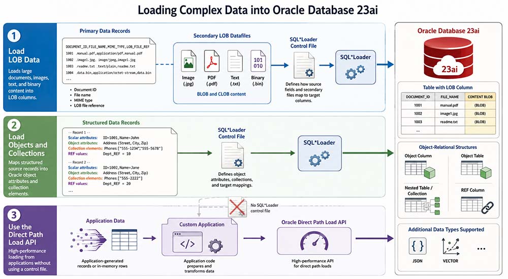 Composite diagram showing SQL*Loader loading LOB data, object attributes, and collections through control files, and a custom application loading data through the Oracle Direct Path Load API into Oracle Database 23ai