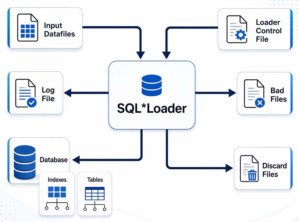 SQL*Loader data-flow diagram showing input datafiles and a loader control file entering SQL*Loader, with output sent to Oracle Database tables, a log file, bad files, and discard files