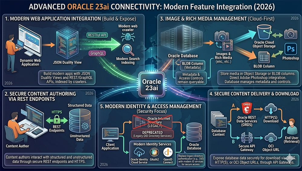Advanced Oracle 23ai Connectivity: Modern Feature Integration diagram showing five integration patterns including REST APIs, JSON Duality Views, OCI Object Storage, ORDS, and modern identity services replacing legacy Oracle Internet Directory