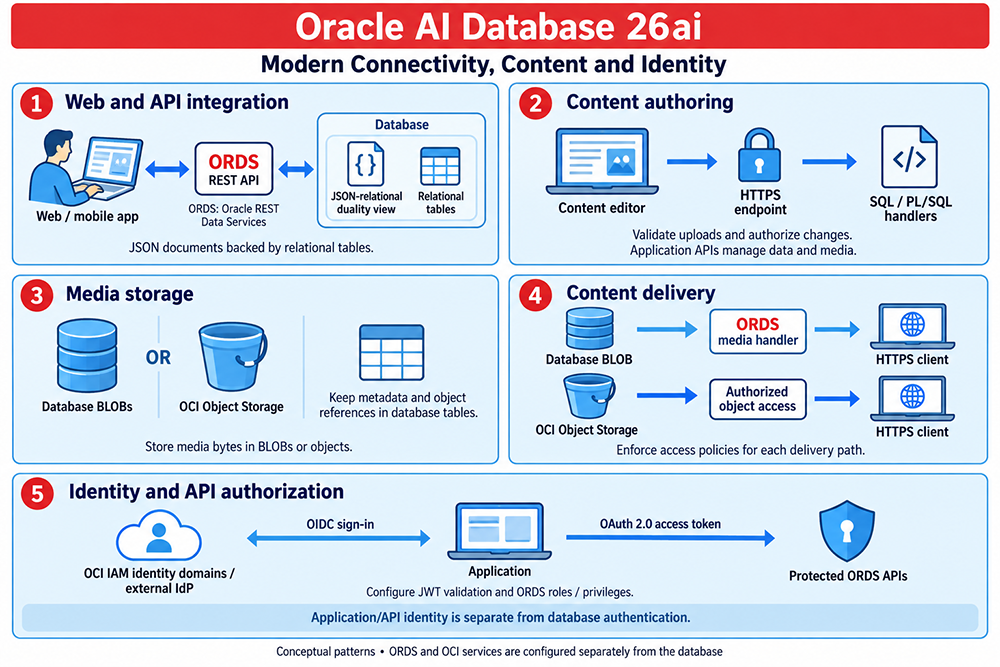 Five Oracle 26ai application patterns: ORDS web APIs, authorized content updates, BLOB or object storage, controlled HTTPS content delivery, and identity-provider sign-in with access tokens for protected APIs.