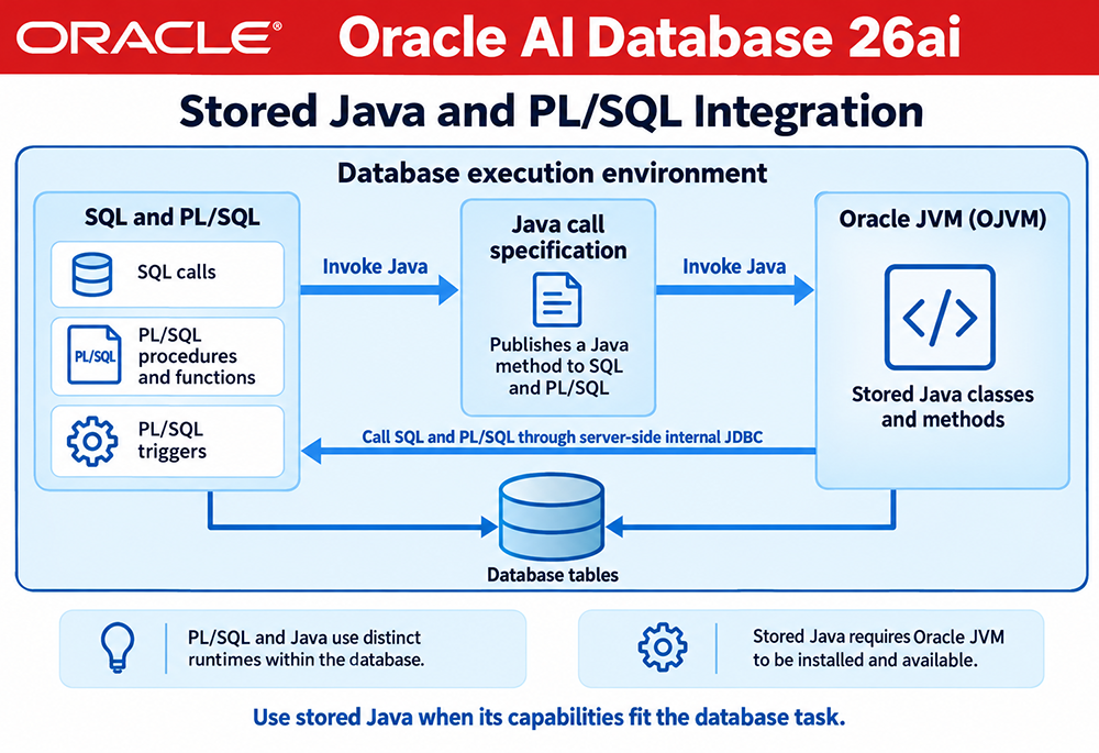 SQL and PL/SQL invoke stored Java through a Java call specification; Oracle JVM can call SQL and PL/SQL through server-side internal JDBC.