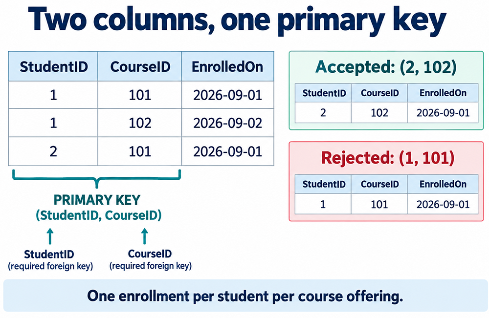 StudentID and CourseID together form the enrollment primary key; duplicate pair 1,101 is rejected, while new pair 2,102 is allowed.