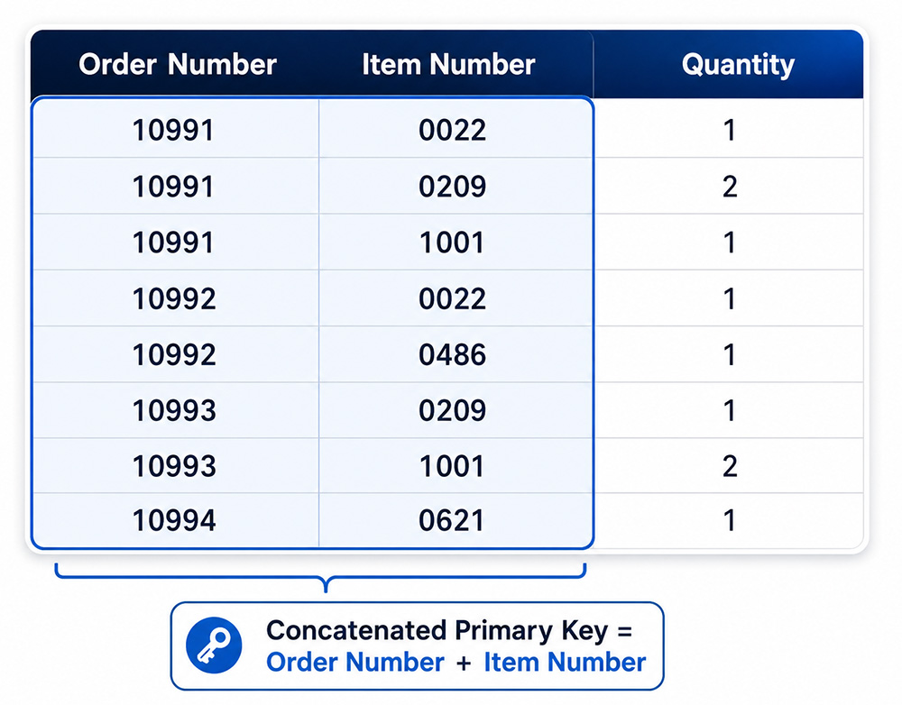 Figure 2-1: Order items table showing OrderNo and CDNo as individual columns with
duplicate values, and the combination of both columns forming a unique concatenated primary key