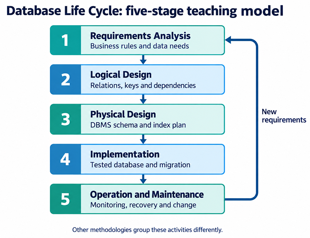Five DBLC stages: requirements, logical design, physical design, implementation, and operation and maintenance; new requirements feed back into analysis.