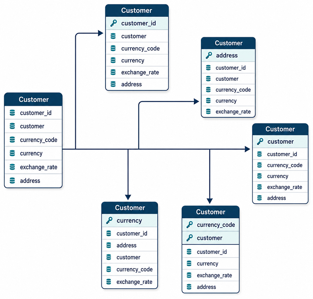 Figure 2-11: Five variations of the Customer table showing different candidate keys -
customer_id, address, customer name, currency, and a composite key of currency_code plus customer
