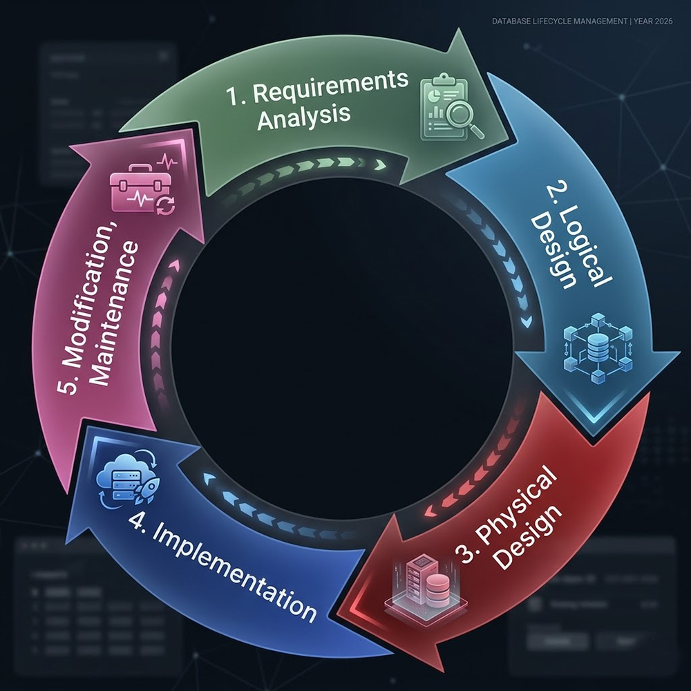 DBLC consisting of 1. Requirements Analysis, 2. Logical Design, 3. Physical Design,
4. Implementation, 5. Modification, Maintenance