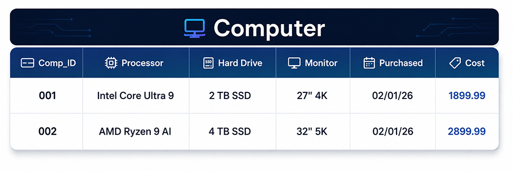 Computer table showing Comp_ID as primary key with columns for Processor,
Hard Drive, Monitor, Purchased date, and Cost for two modern computer configurations