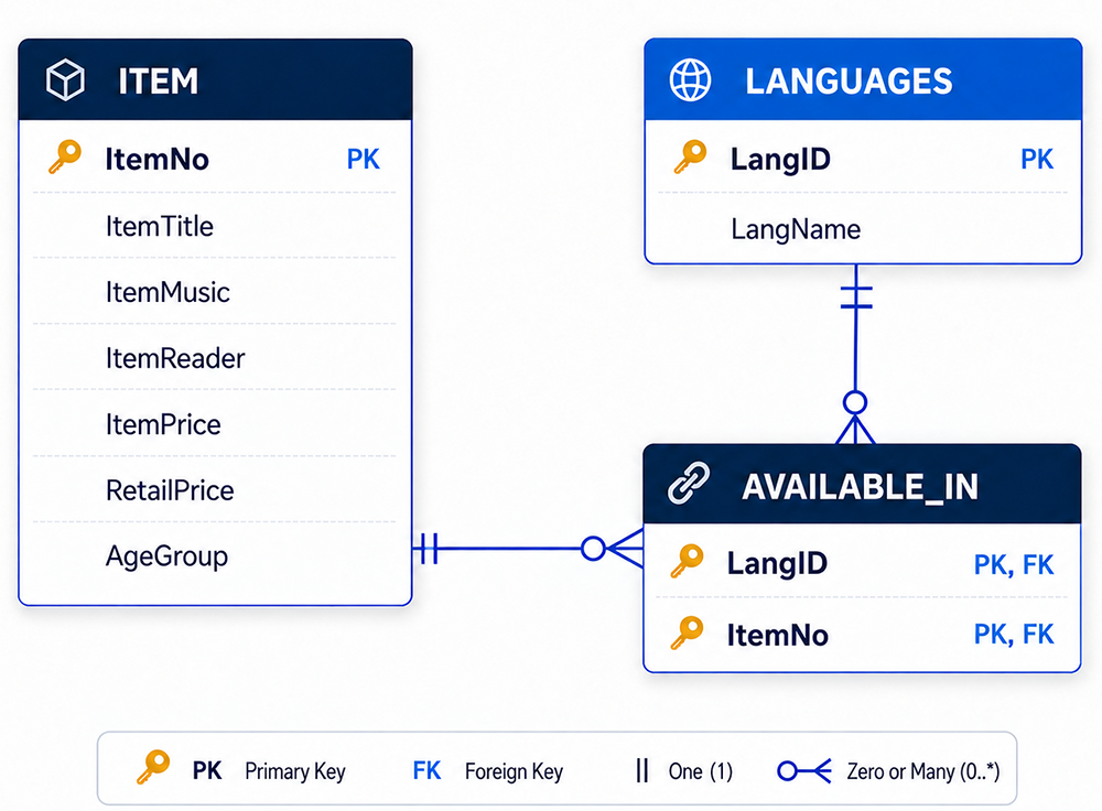 ITEM and LANGUAGES each have zero or many AVAILABLE_IN rows. Each junction row references exactly one item and one language; LangID and ItemNo form its composite primary key and are also foreign keys.