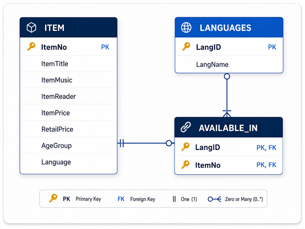 ER diagram showing ITEM, LANGUAGES, and AVAILABLE_IN tables where AVAILABLE_IN resolves a many-to-many relationship