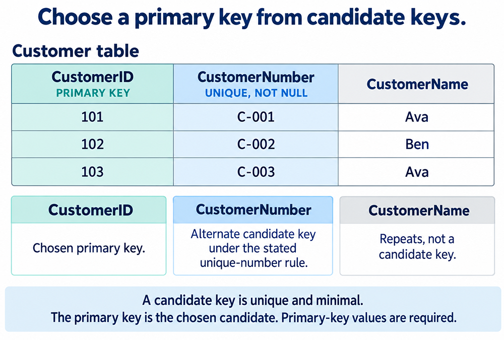 CustomerID is the primary key; CustomerNumber is a required unique alternate candidate key; CustomerName repeats and is not a candidate key.