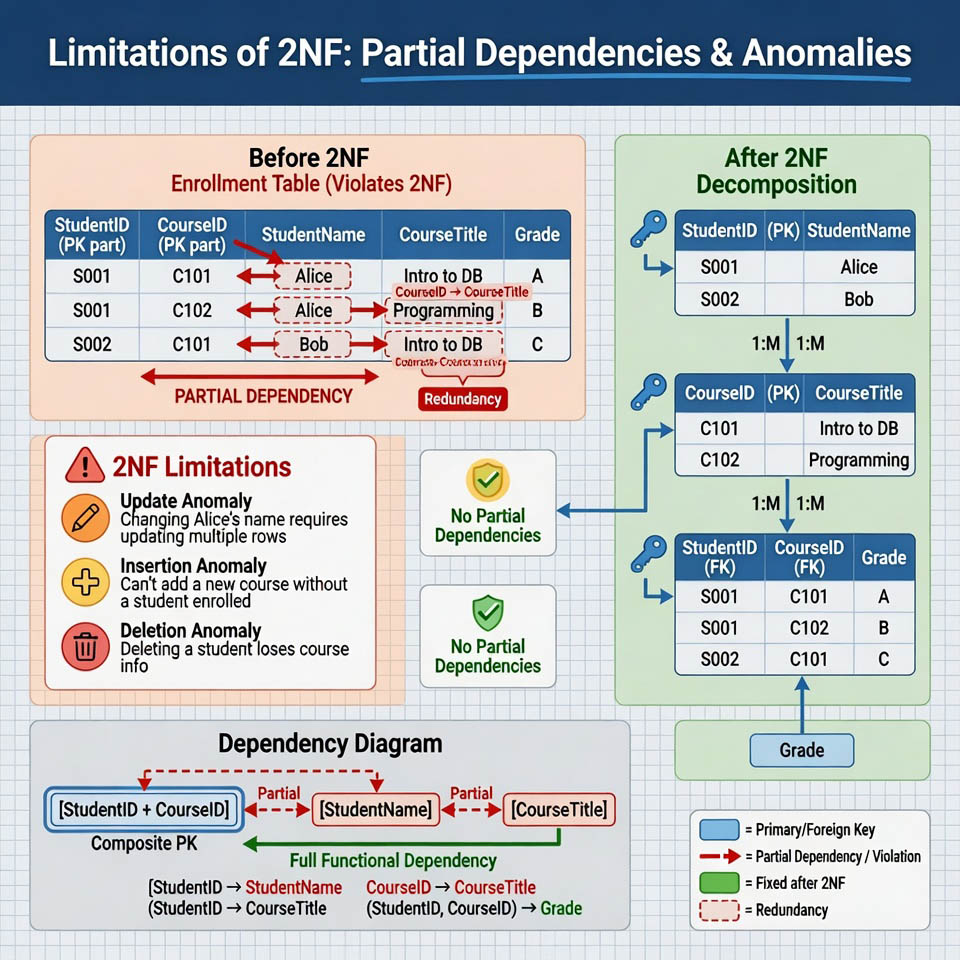 Infographic showing the limitations of Second Normal Form: the Enrollment table before decomposition with partial dependencies (StudentID to StudentName and CourseID to CourseTitle),
the three anomalies caused by those dependencies, and the three normalized tables produced by
2NF decomposition (Students, Courses, Enrollments)