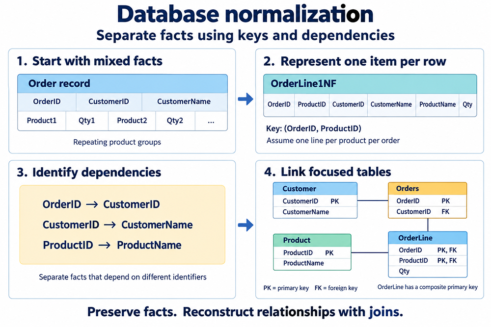 Four stages of normalization: start with mixed order facts, represent one product per order-line row, identify functional dependencies, and separate Customer, Orders, Product, and OrderLine tables linked by keys.