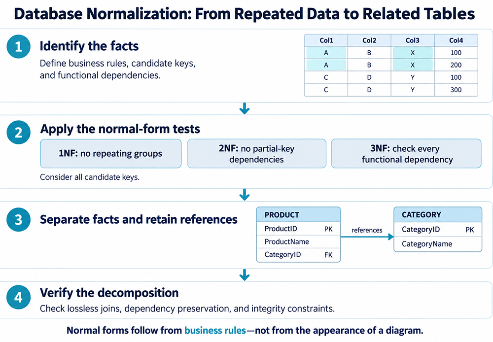 Four steps in database normalization: identify business rules and dependencies, apply normal-form tests, separate facts while retaining foreign keys, and verify lossless joins and constraints.