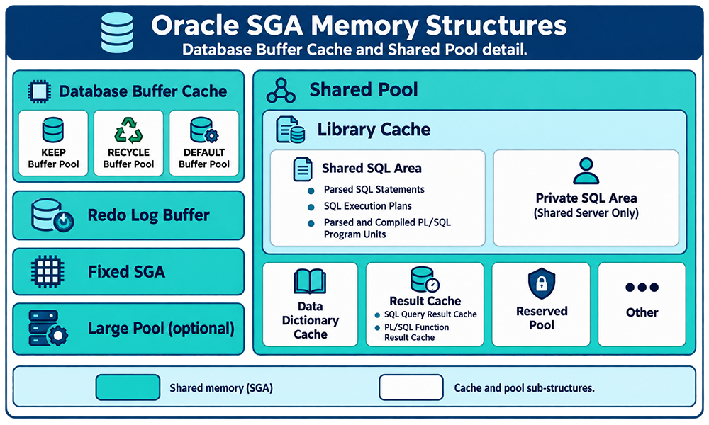 Oracle SGA memory structures showing the Database Buffer Cache and Shared Pool detail