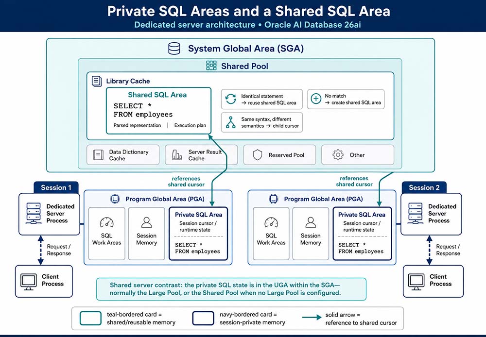 Private SQL Areas and a Shared SQL Area: dedicated server architecture, Oracle AI Database 26ai