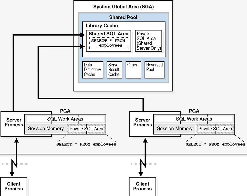 Figure 5-7:Private SQL Areas and Shared SQL Area