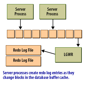 1) Server processes create redo log entries as they change blocks in database buffer cache.