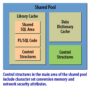 6) Control structures in the main area of the shared pool include character set conversion memory and network security attributes