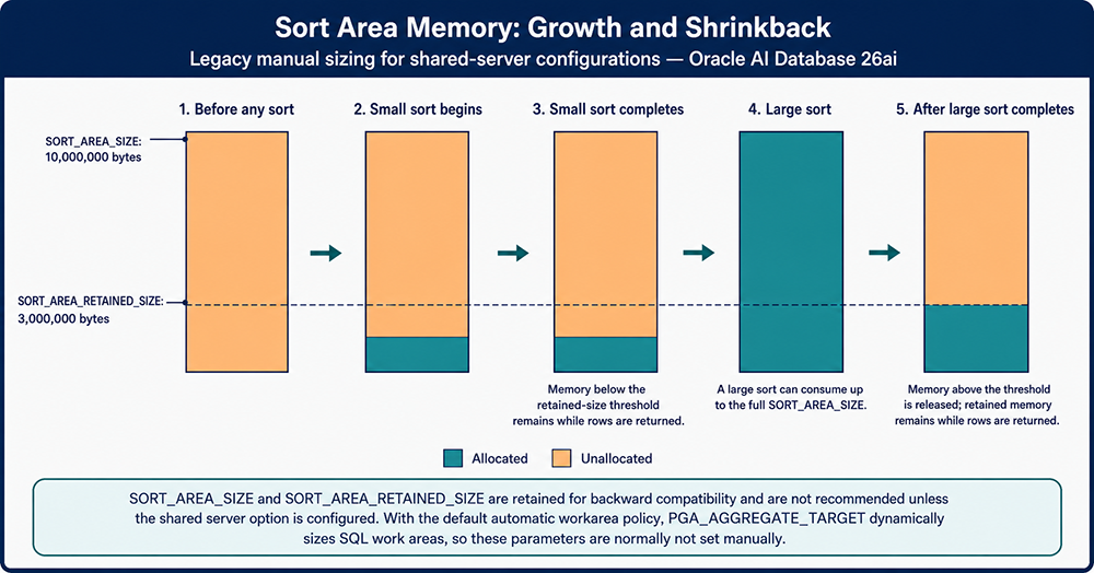 Legacy manual sort-area allocation and retained read-buffer lifecycle