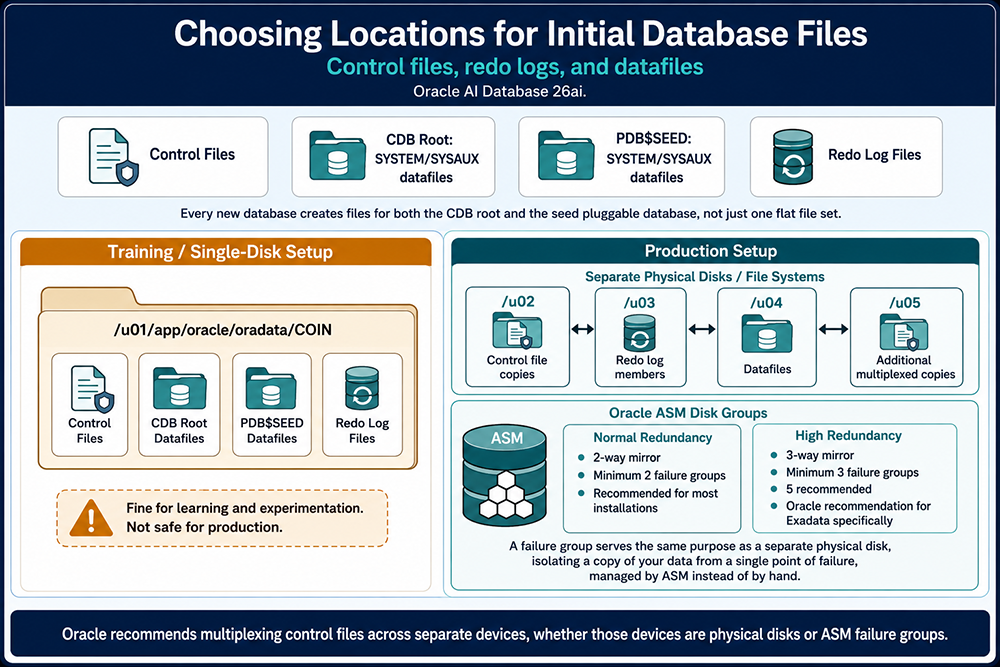 Choosing locations for initial Oracle database files: control files, redo logs, and datafiles, Oracle AI Database 26ai