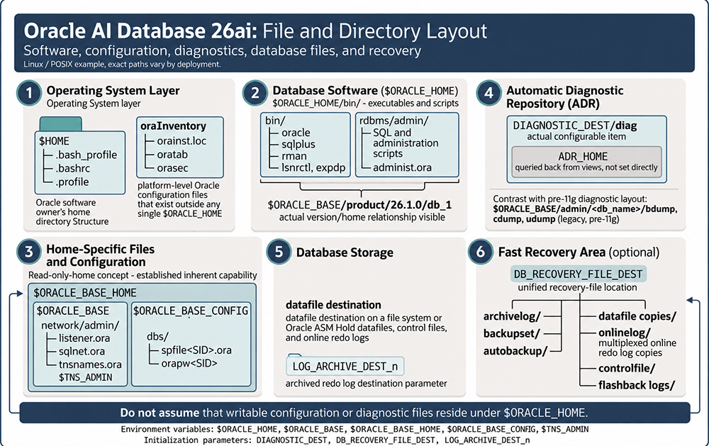 Figure 6-1. Oracle's OFA standard, Oracle AI Database 26ai: file and directory layout for software, configuration, diagnostics, database files, and recovery