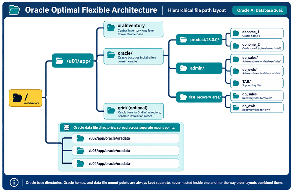 Oracle Optimal Flexible Architecture: hierarchical file path layout, Oracle AI Database 26ai