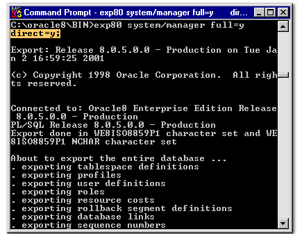 1) This is the start of a direct path export. Note the character set and the comment about exporting SYSTEM's tables via Direct Path.