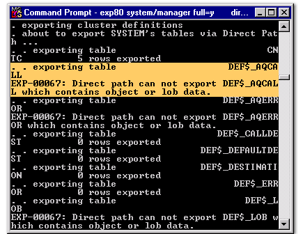 2) This image contains a view of the tables being exported. Note the comment when exporting DEF$_AQCALL - this table can not be exported because it contains object or LOB data.