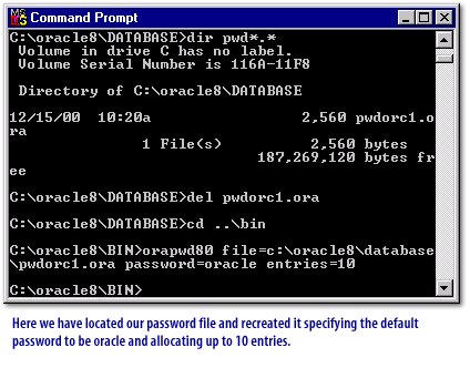 1) Here we have located our password file and recreated it specifying the default password to be oracle and allocating  up to 10 entries