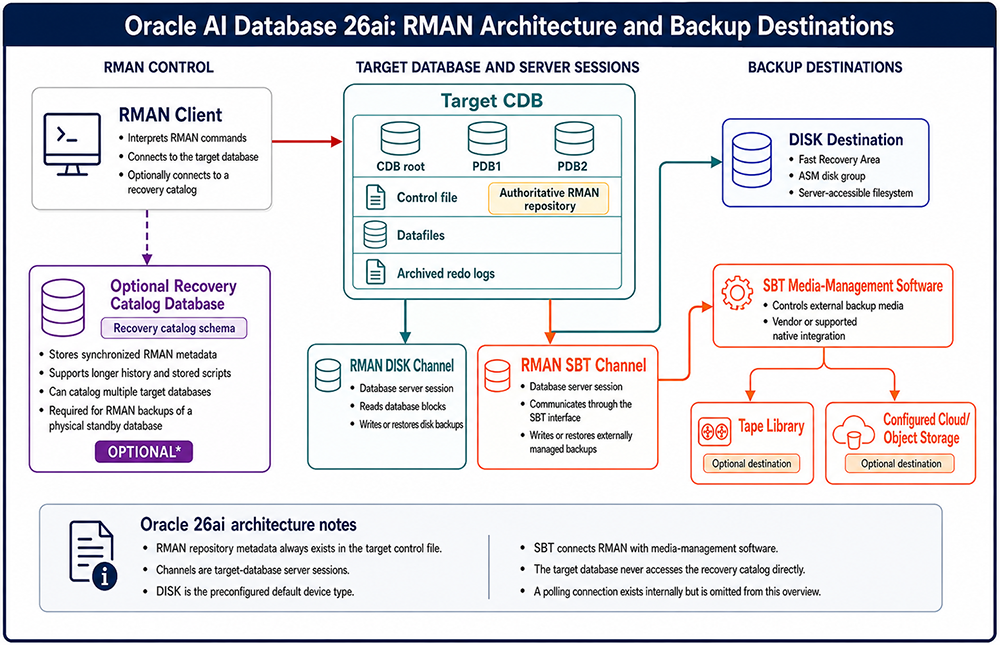 Oracle AI Database 26ai RMAN architecture showing the RMAN client, target CDB, control-file repository, DISK and SBT channels,
          an optional recovery catalog, and disk, tape, or configured cloud storage destinations