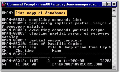 1)RMAN> list copy of database;