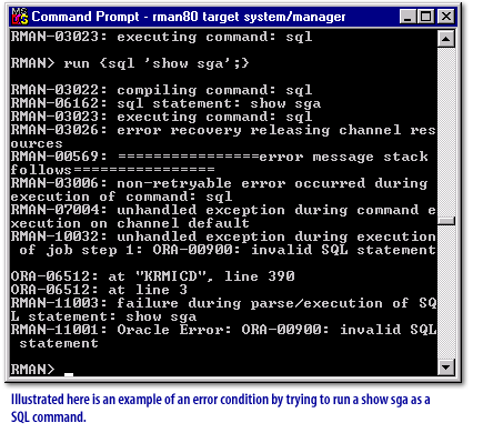 4) Illustrated here is an example of an error condition by trying to run a show sga as a SQL command