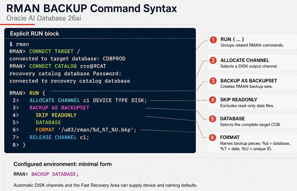 Annotated Oracle AI Database 26ai RMAN RUN block showing ALLOCATE CHANNEL, BACKUP AS BACKUPSET, SKIP READONLY, DATABASE, and FORMAT clauses.