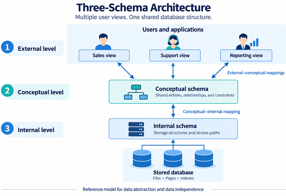 Three-Schema Architecture: multiple user views, one shared database structure. Users and applications interact through a Sales view, a Support view, and a Reporting view at the external level, each mapped to a shared conceptual schema of entities, relationships, and constraints, which is in turn mapped to an internal schema of storage structures and access paths, backed by a stored database of files, pages, and indexes. A reference model for data abstraction and data independence.
