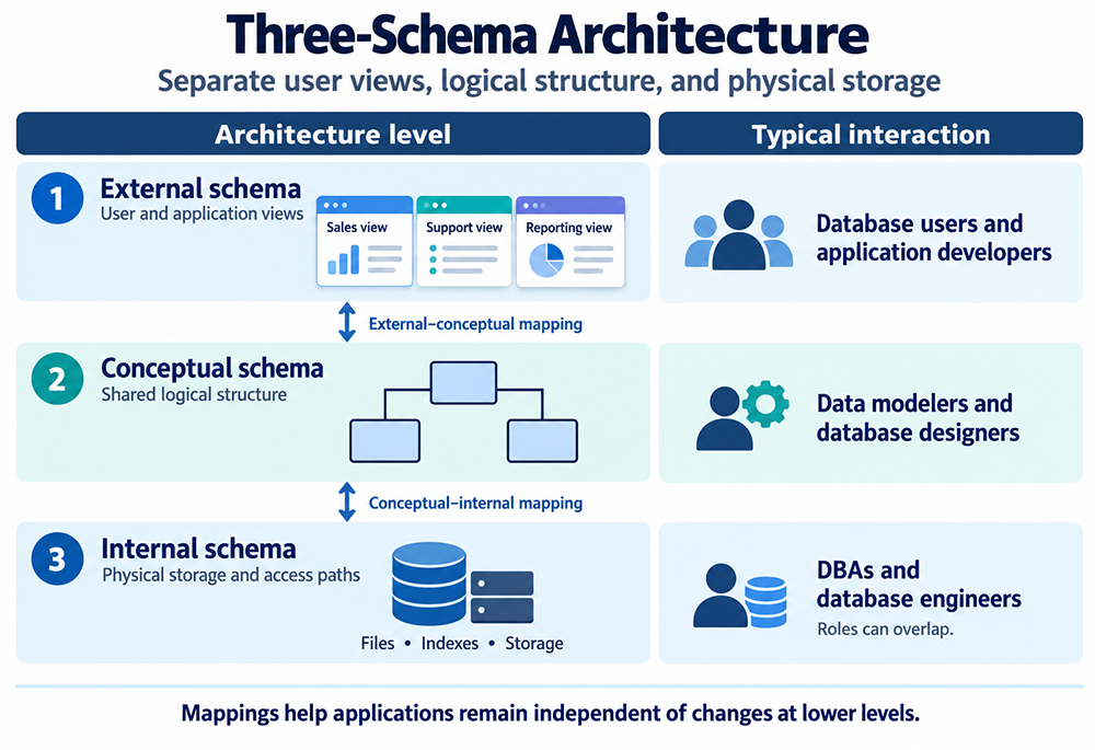 Three-Schema Architecture: separate user views, logical structure, and physical storage. External schema (user and application views) is the typical interaction point for database users and application developers. Conceptual schema (shared logical structure) is the typical interaction point for data modelers and database designers. Internal schema (physical storage and access paths) is the typical interaction point for DBAs and database engineers, though roles can overlap. Mappings help applications remain independent of changes at lower levels.