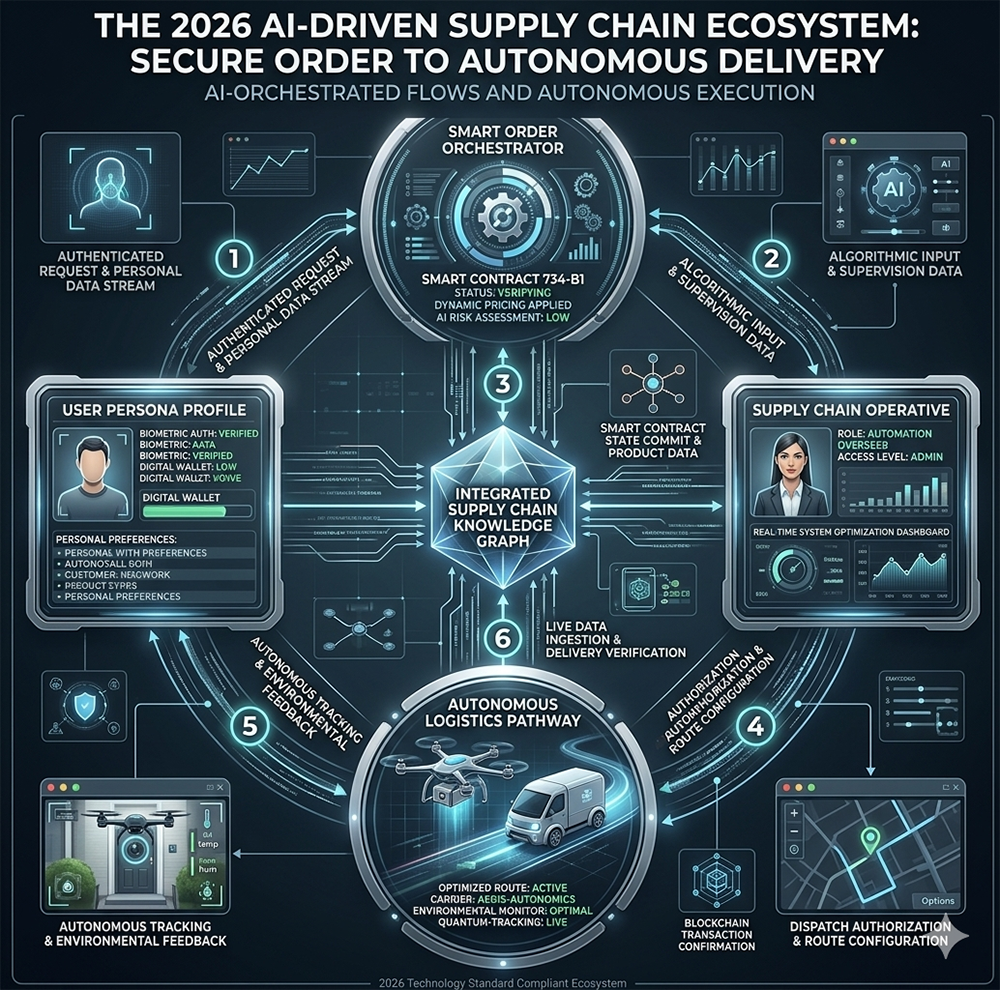 The 2026 AI-Driven Supply Chain Ecosystem showing six numbered data flows between external actors, orchestration processes, a knowledge graph data store, and an autonomous logistics pathway